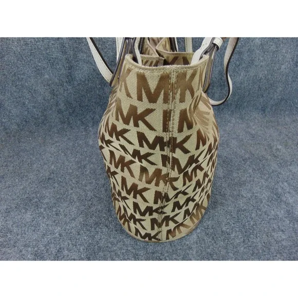 Michael Kors Tote Bag Jet Set MK Signature Logo Beige Brown Leather Trim - Picture 3 of 16